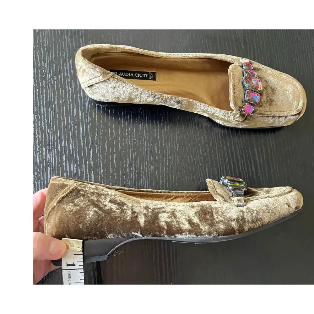 Stunning Claudia Ciuti Velvet Loafers with Faux Alexandrite Jeweled Accents